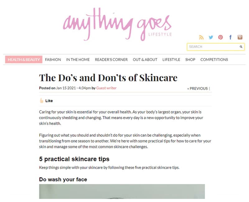 Screenshot of article from Anything Goes Lifestyle website