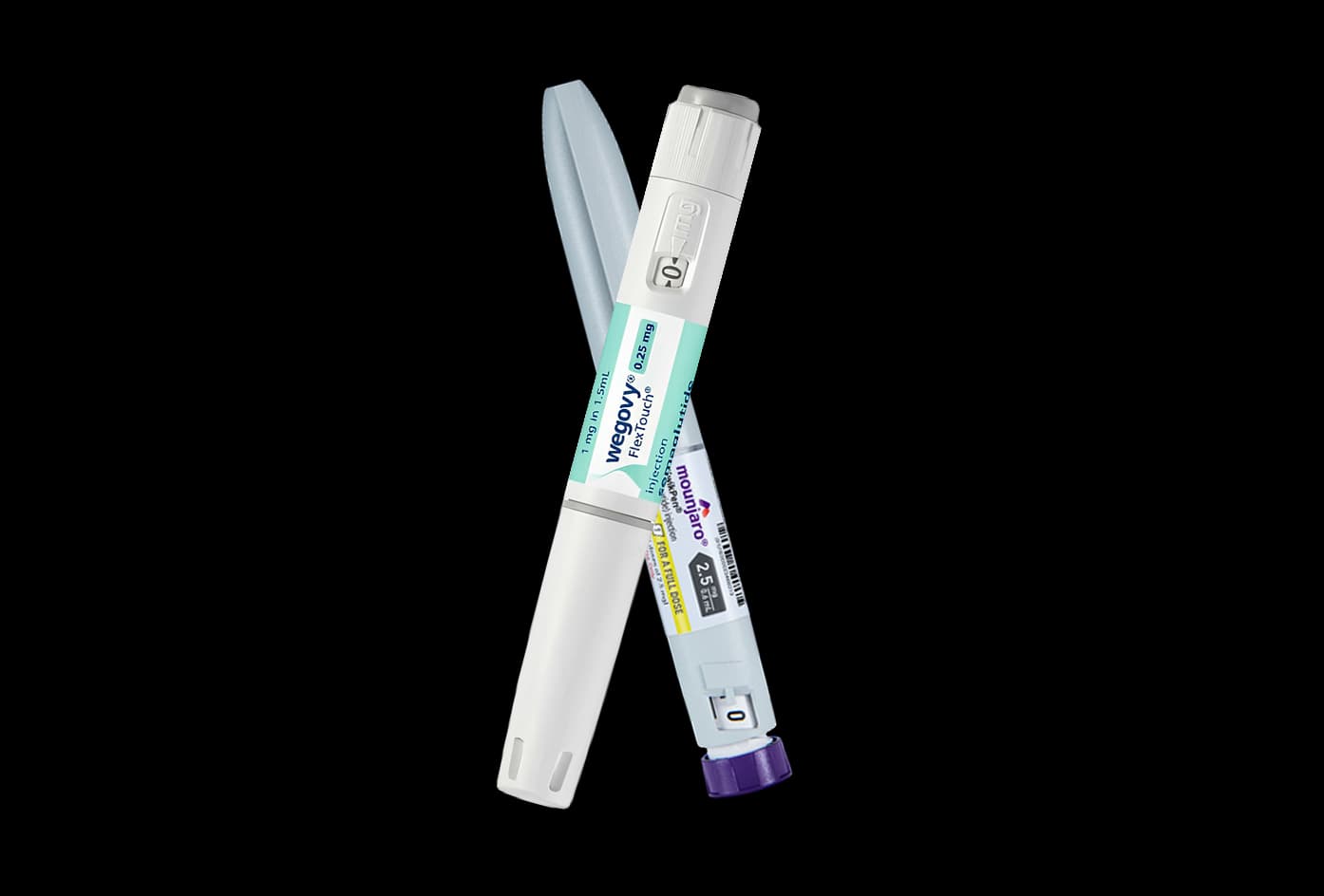 Wegovy and Mounjaro injection pens crossed.