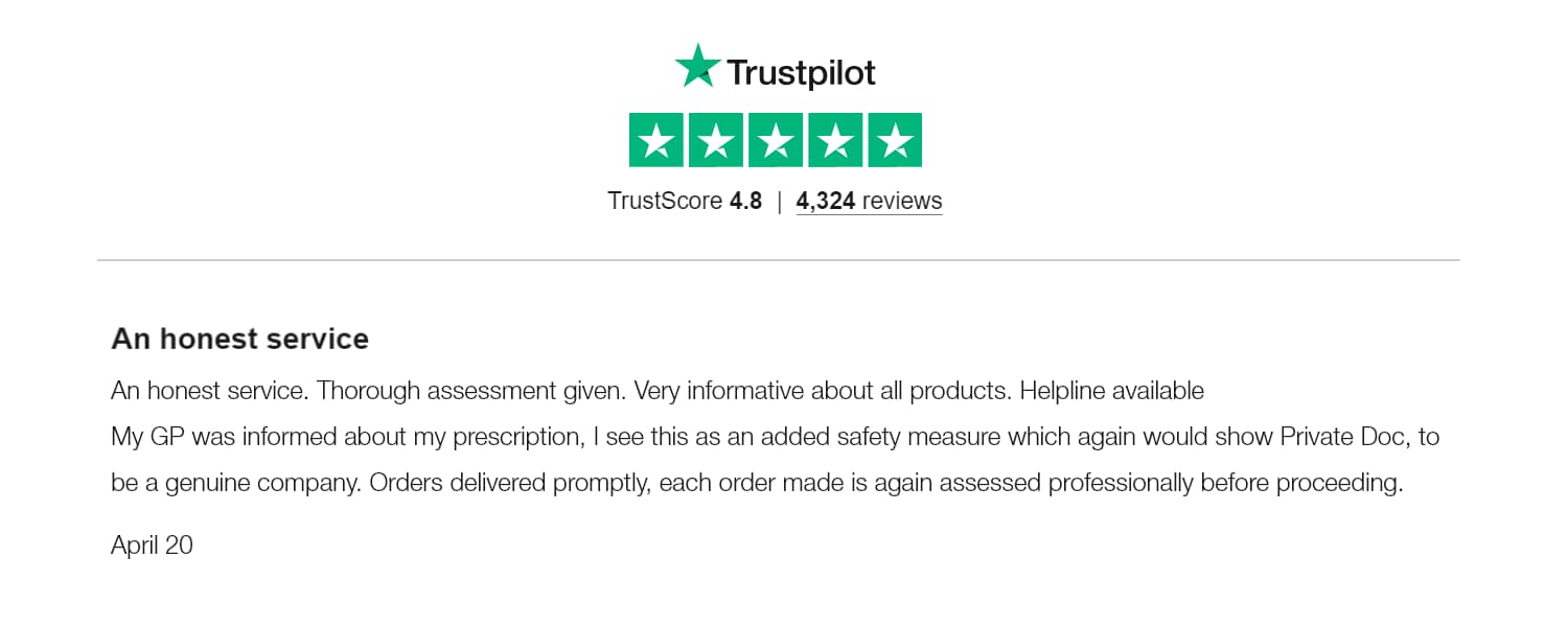 Trustpilot five star excellent rating for PrivateDoc