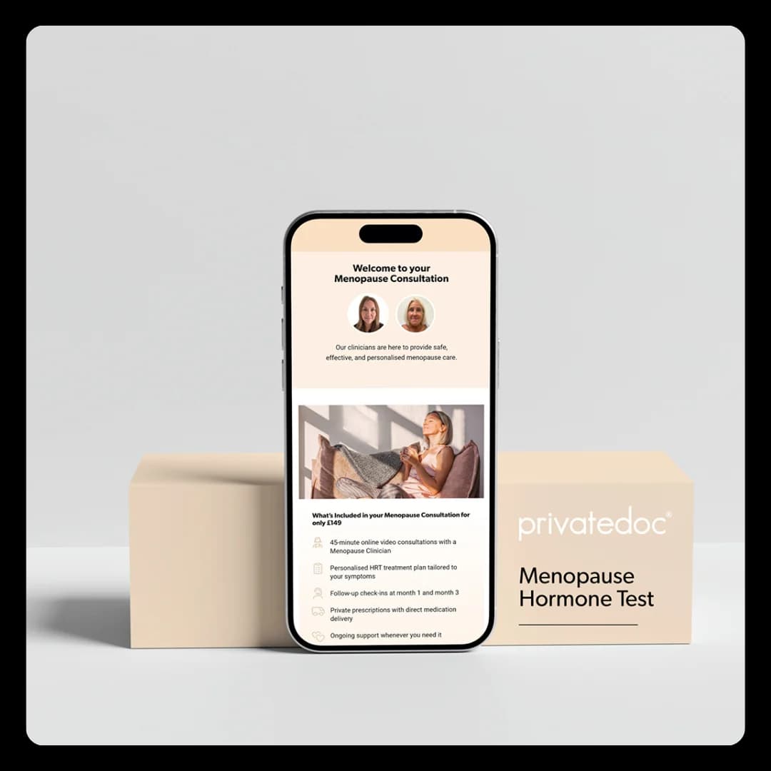 PrivateDoc menopause consultation on a phone beside a Menopause Hormone Test kit