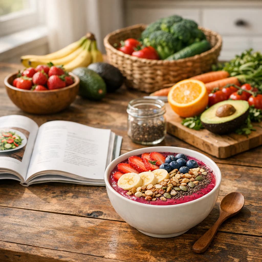 Healthy meal prep with a smoothie bowl, fruit, and vegetables