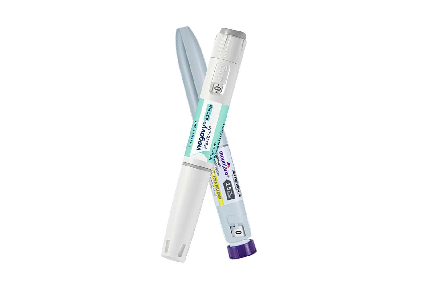 Wegovy and Mounjaro injection pens crossed.